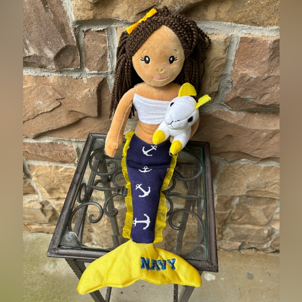 The Preppy Pelican Plush Navy Mermaid Blue & Goldenrod Holding a White Bunny